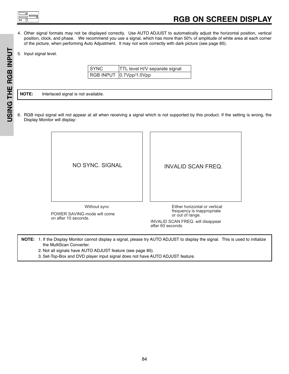 Rgb on screen display, Using the rgb input | Hitachi 32HLX61 User Manual | Page 84 / 104