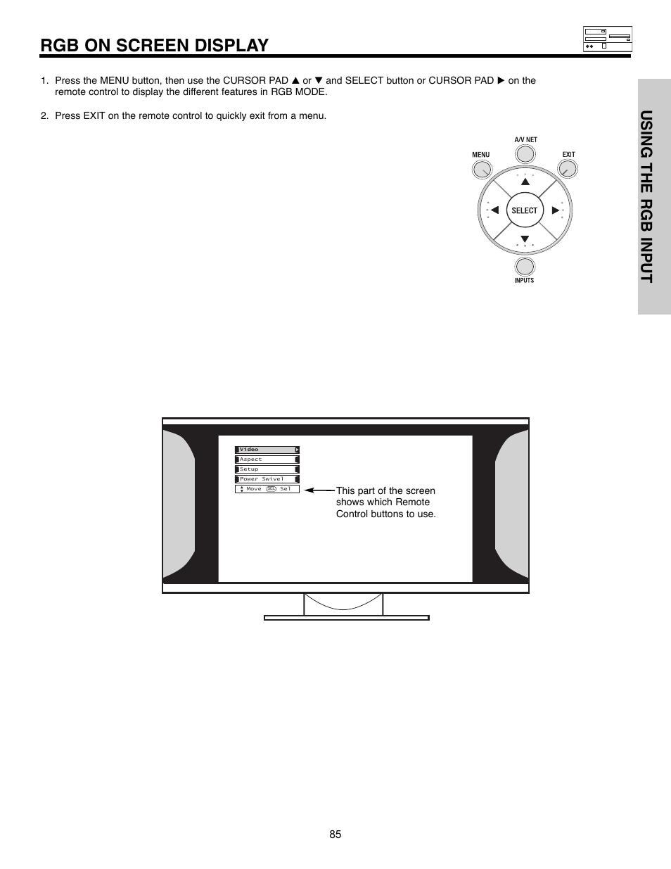 Rgb on screen display, Using the rgb input | Hitachi 32HLX61 User Manual | Page 85 / 104