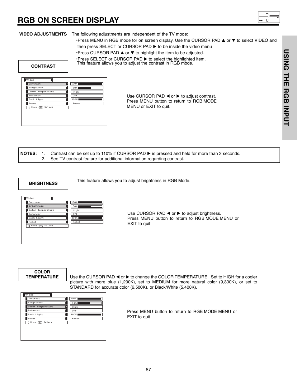 Rgb on screen display, Using the rgb input | Hitachi 32HLX61 User Manual | Page 87 / 104