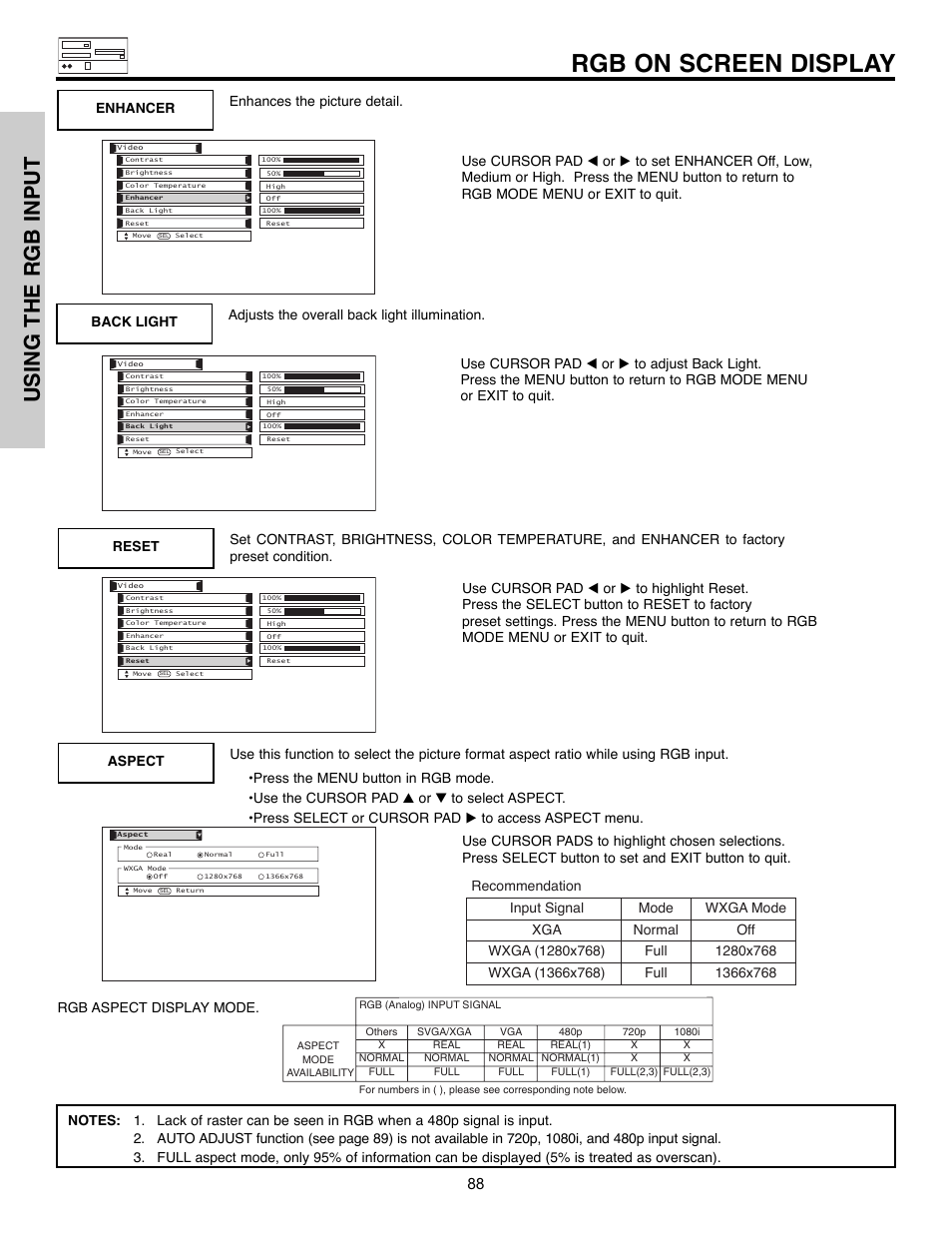 Rgb on screen display, Using the rgb input | Hitachi 32HLX61 User Manual | Page 88 / 104