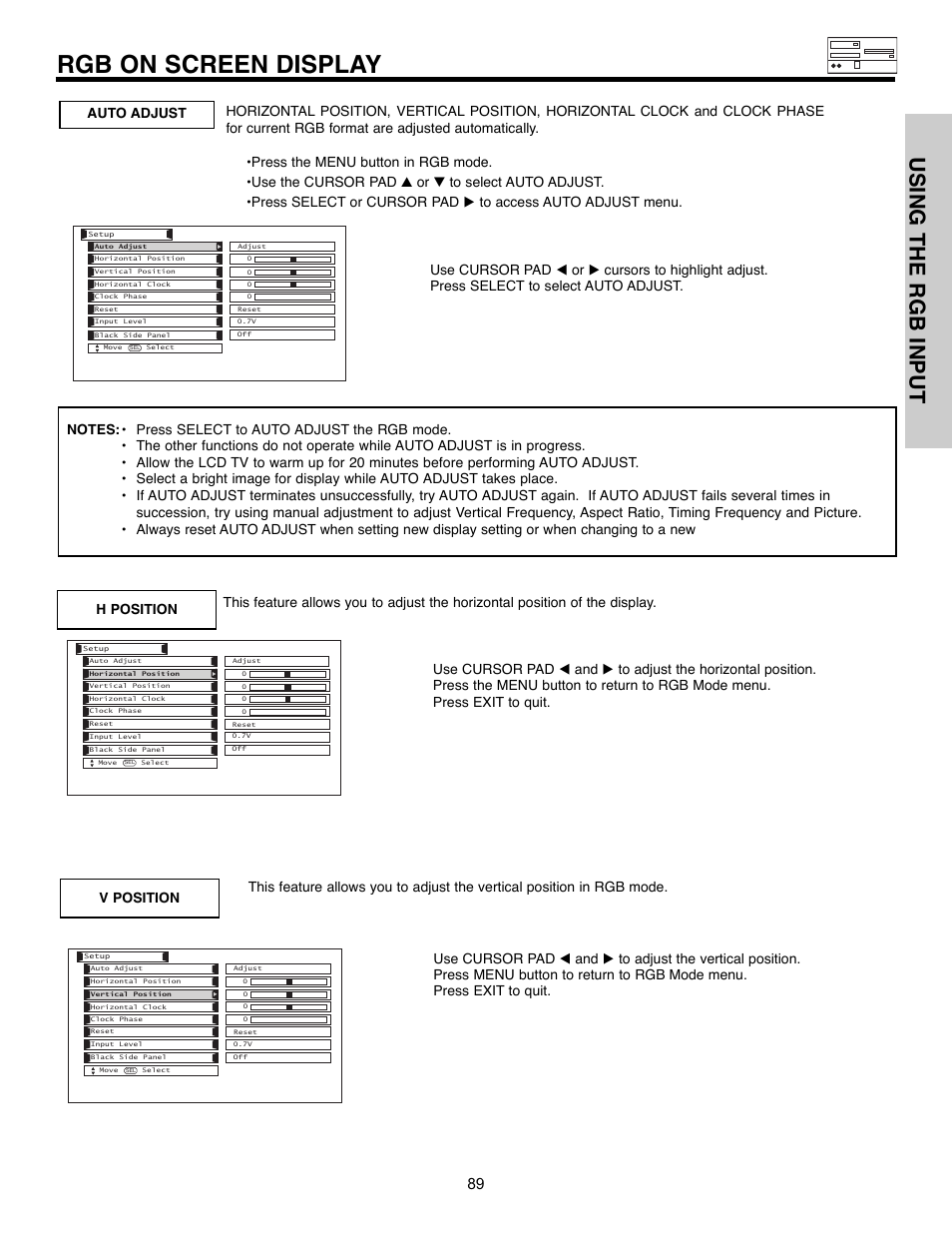 Rgb on screen display, Using the rgb input | Hitachi 32HLX61 User Manual | Page 89 / 104