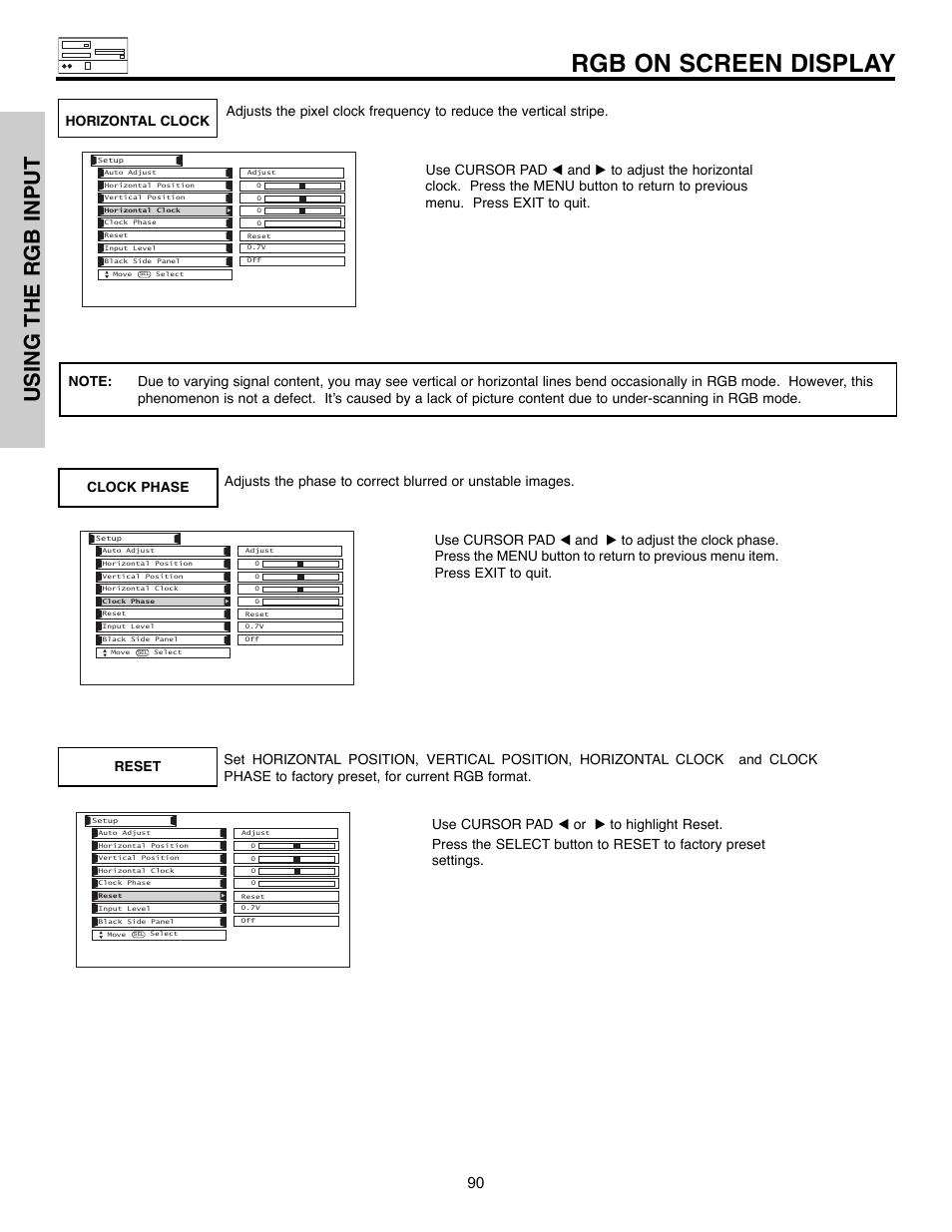 Rgb on screen display, Using the rgb input | Hitachi 32HLX61 User Manual | Page 90 / 104