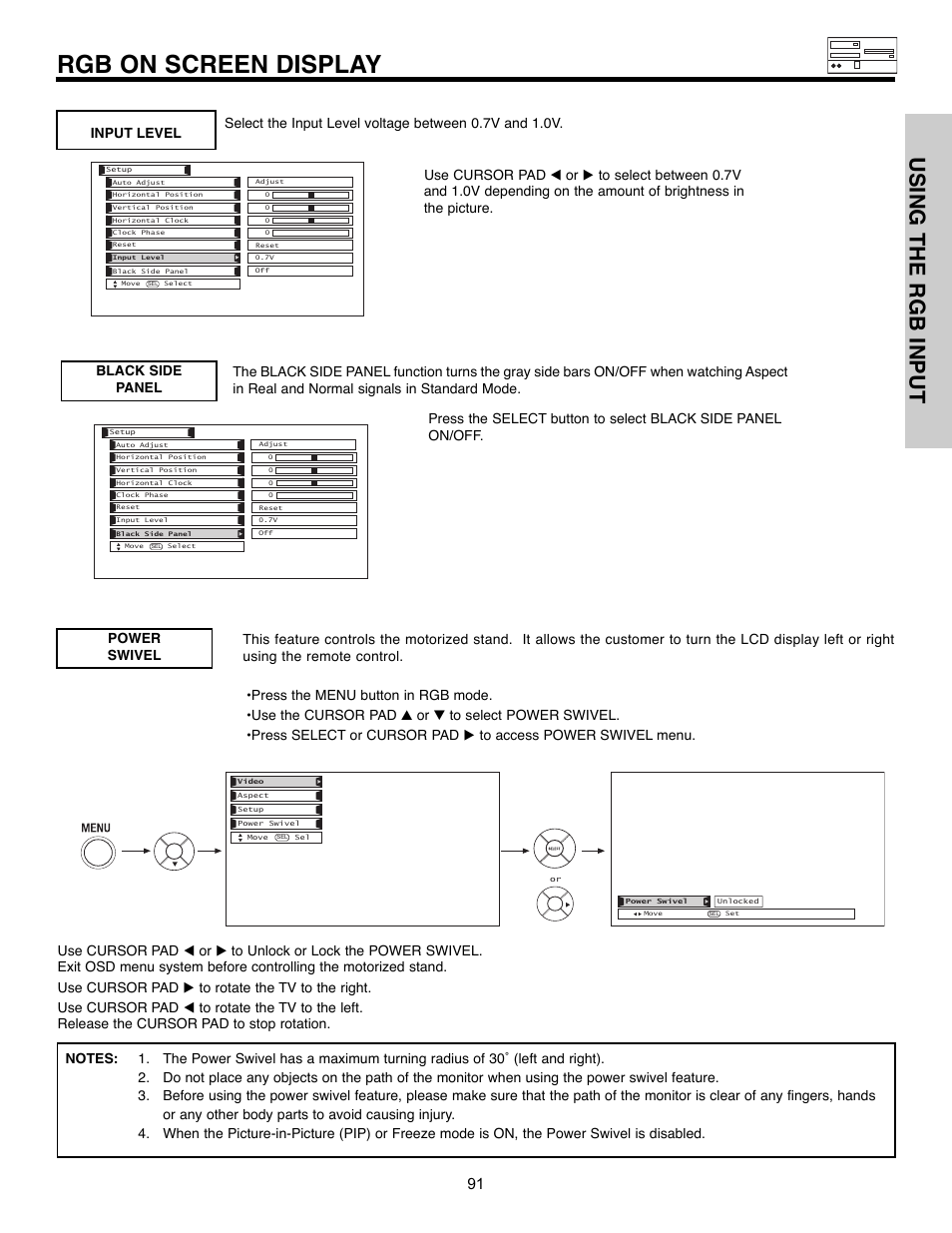 Rgb on screen display, Using the rgb input | Hitachi 32HLX61 User Manual | Page 91 / 104