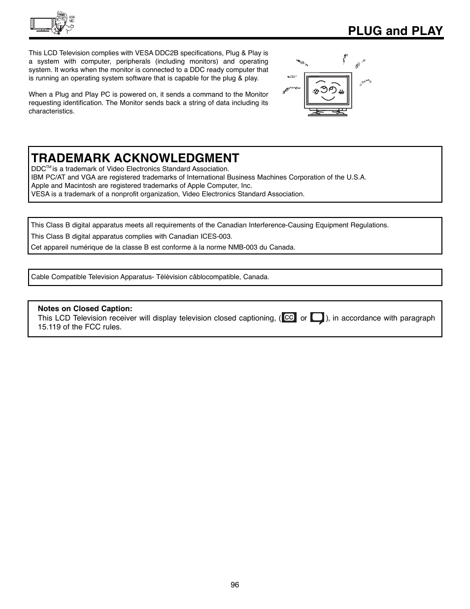Plug and play, Trademark acknowledgment | Hitachi 32HLX61 User Manual | Page 96 / 104