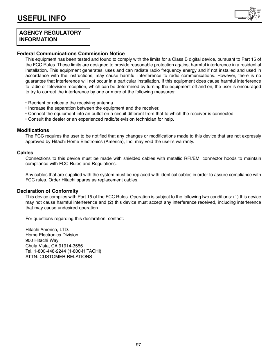 Useful info | Hitachi 32HLX61 User Manual | Page 97 / 104