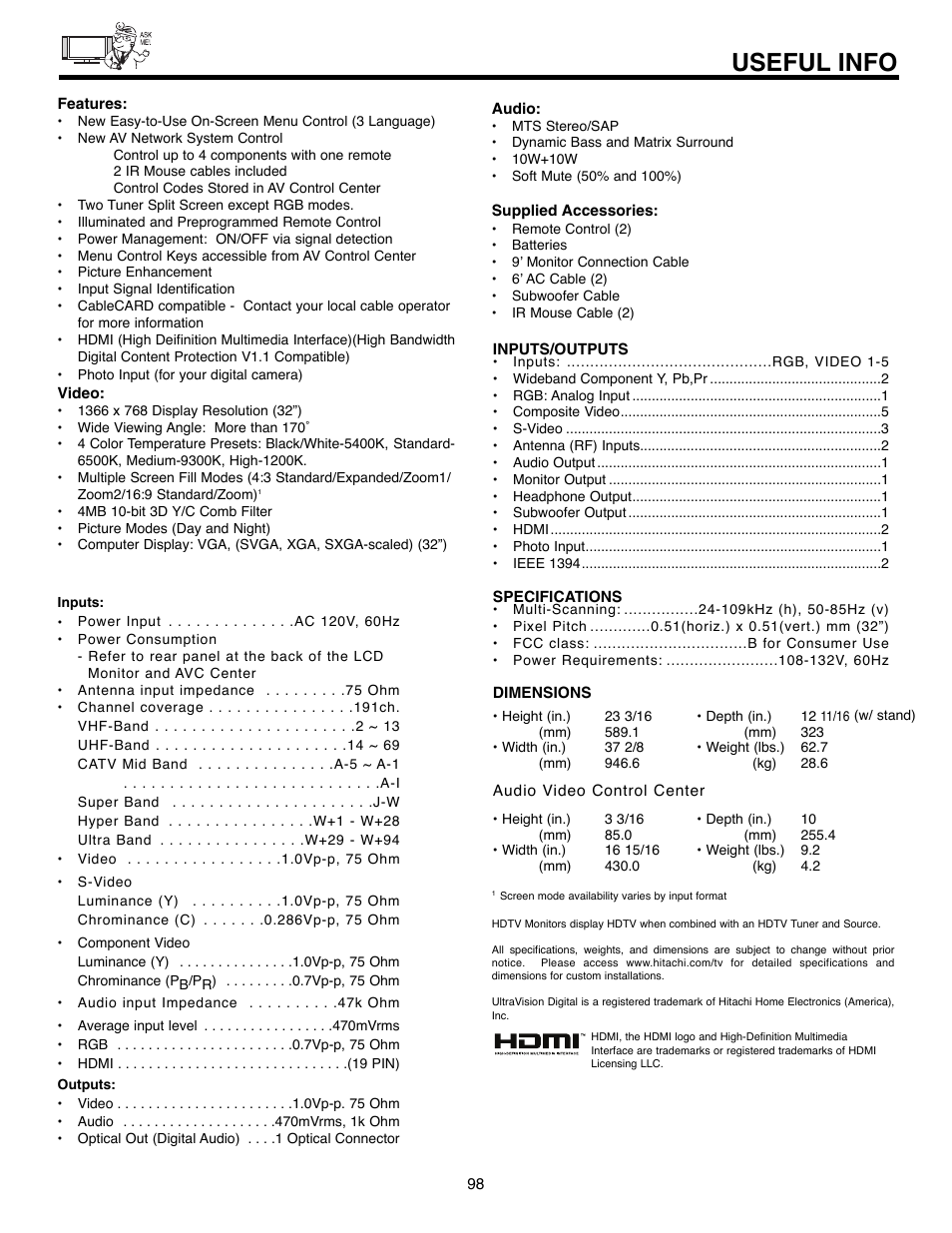 Useful info | Hitachi 32HLX61 User Manual | Page 98 / 104