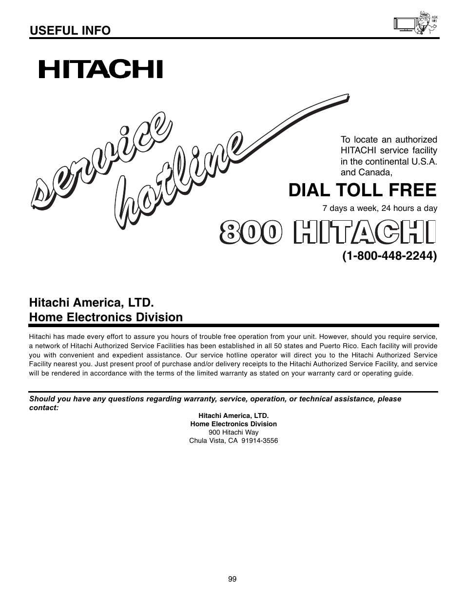 Dial toll free, Useful info, Hitachi america, ltd. home electronics division | Hitachi 32HLX61 User Manual | Page 99 / 104