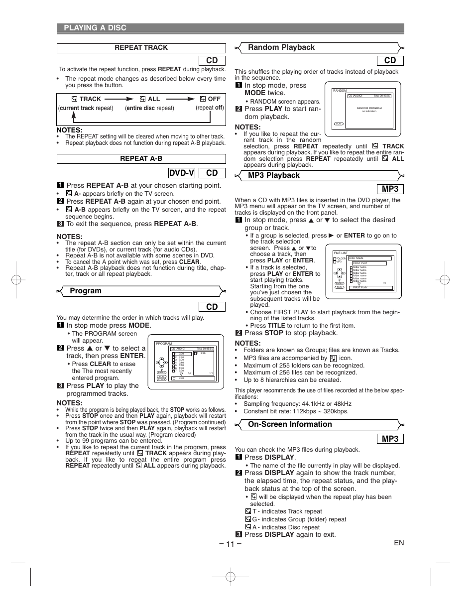 Cd dvd-v, On-screen information, Mp3 playback | Program – 11, Playing a disc, Random playback | Hitachi DV-P733U User Manual | Page 11 / 20