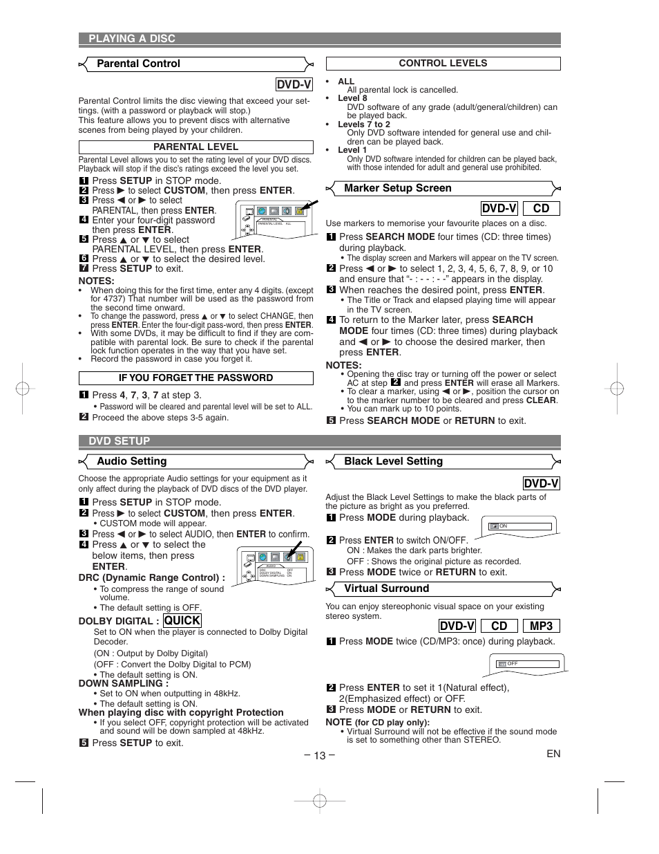 Dvd-v, Mp3 cd dvd-v, Cd dvd-v | Quick | Hitachi DV-P733U User Manual | Page 13 / 20