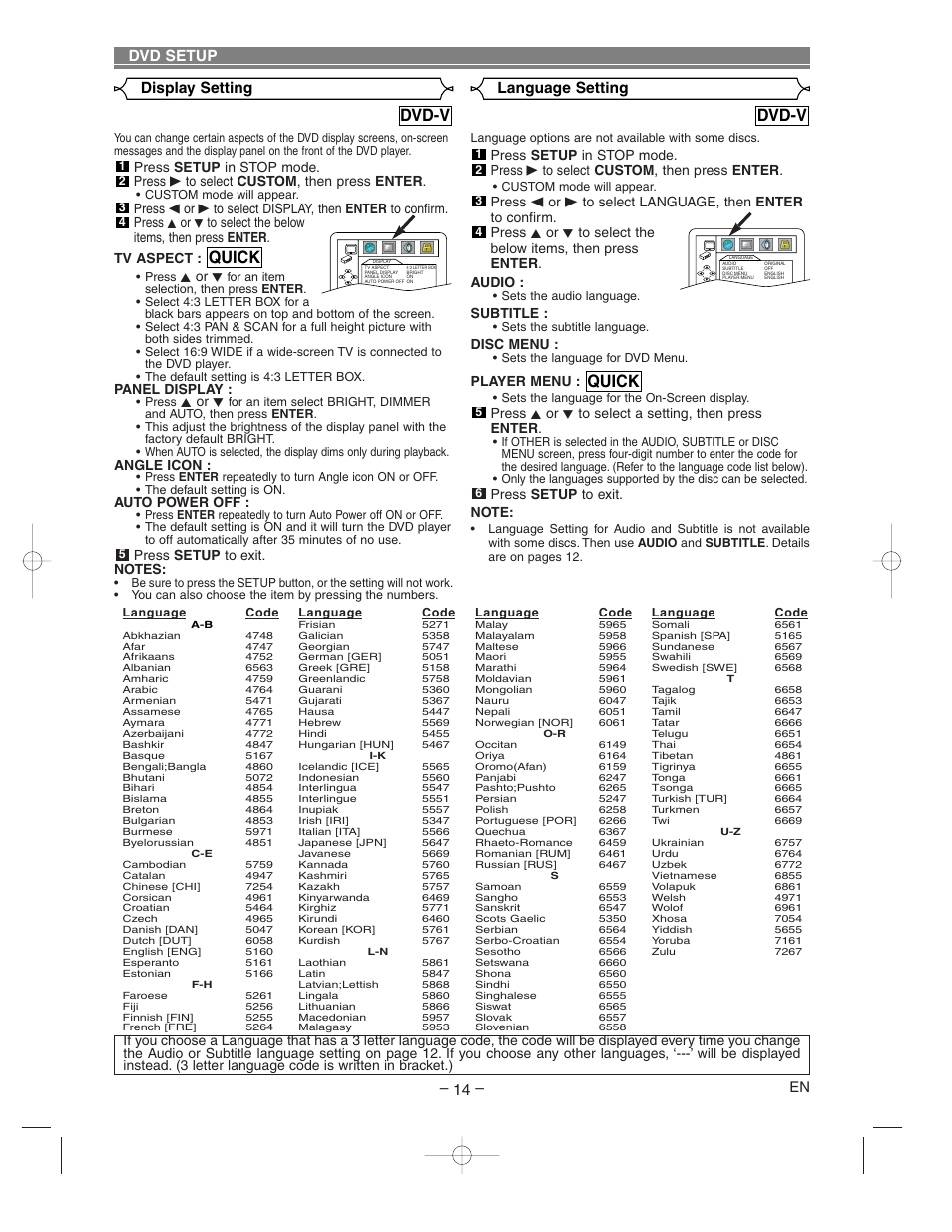 Quick, Dvd-v, Display setting – 14 | Dvd setup, Language setting, Kor l, Panel display, Angle icon, Auto power off, Subtitle | Hitachi DV-P733U User Manual | Page 14 / 20