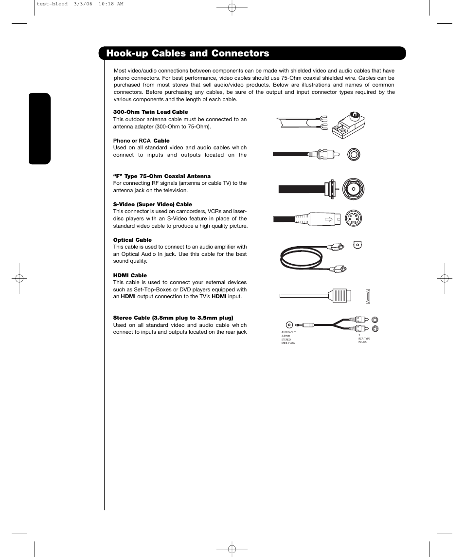 Hook-up cables and connectors, First time use | Hitachi P55T501 User Manual | Page 10 / 72