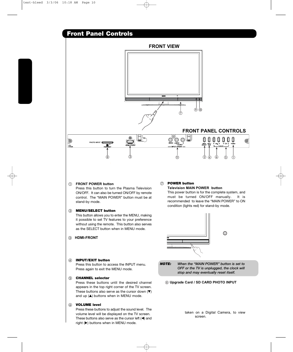 Front panel controls, First time use, Front view | Hitachi P55T501 User Manual | Page 12 / 72