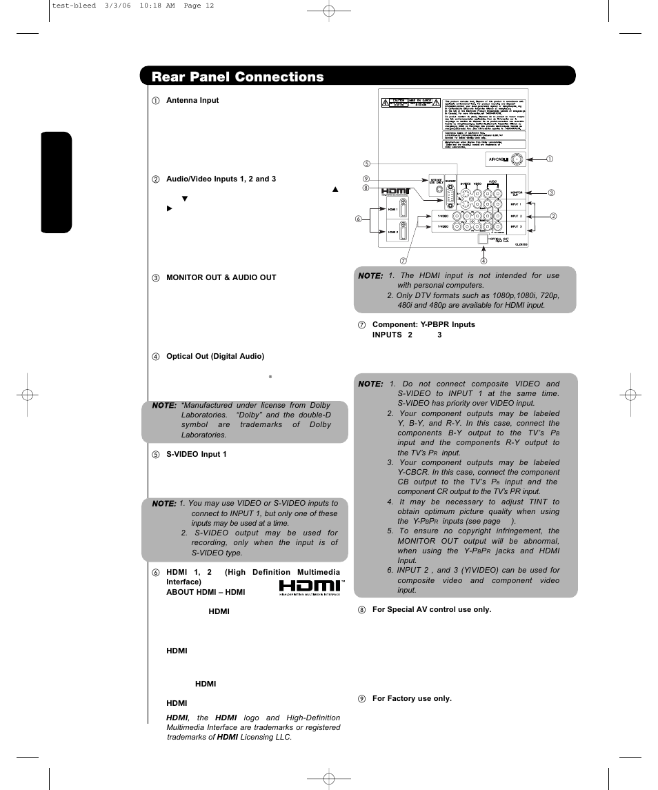 Rear panel connections, First time use | Hitachi P55T501 User Manual | Page 14 / 72