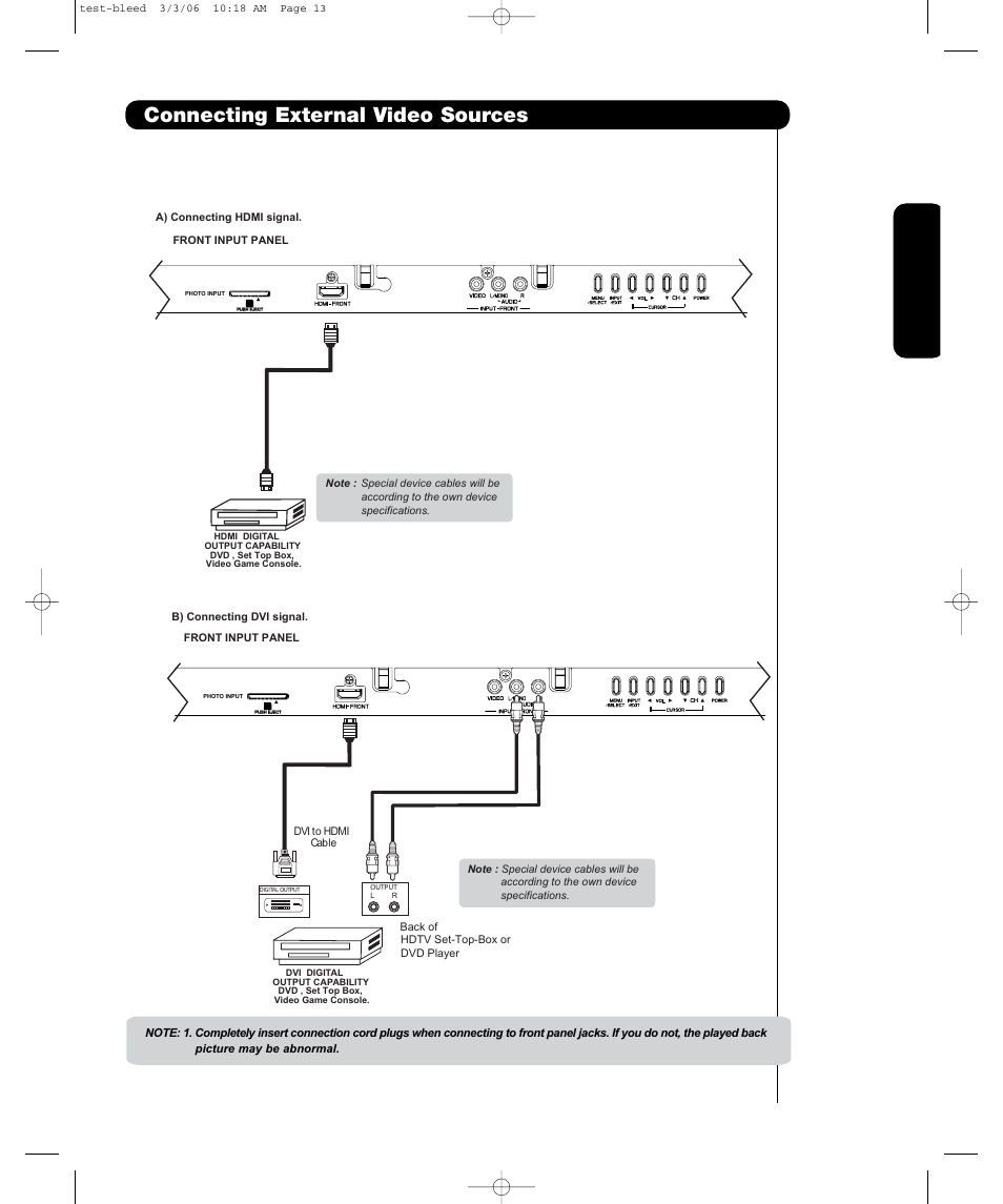 Connecting external video sources, First time use | Hitachi P55T501 User Manual | Page 15 / 72