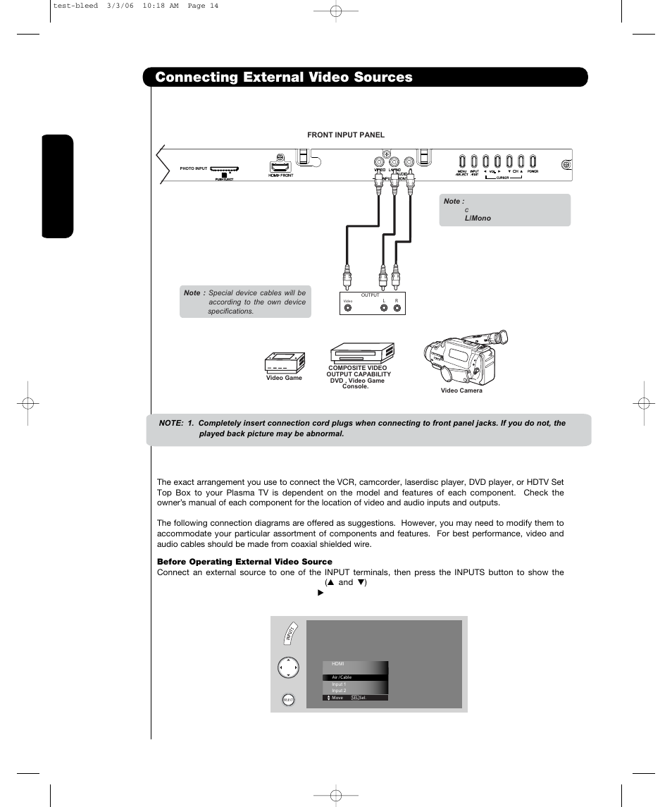 Connecting external video sources, First time use | Hitachi P55T501 User Manual | Page 16 / 72