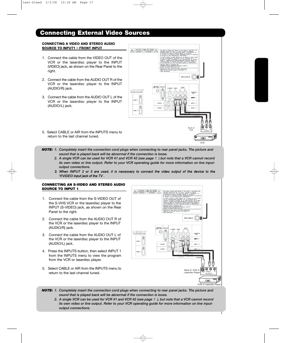 Connecting external video sources, First time use | Hitachi P55T501 User Manual | Page 19 / 72