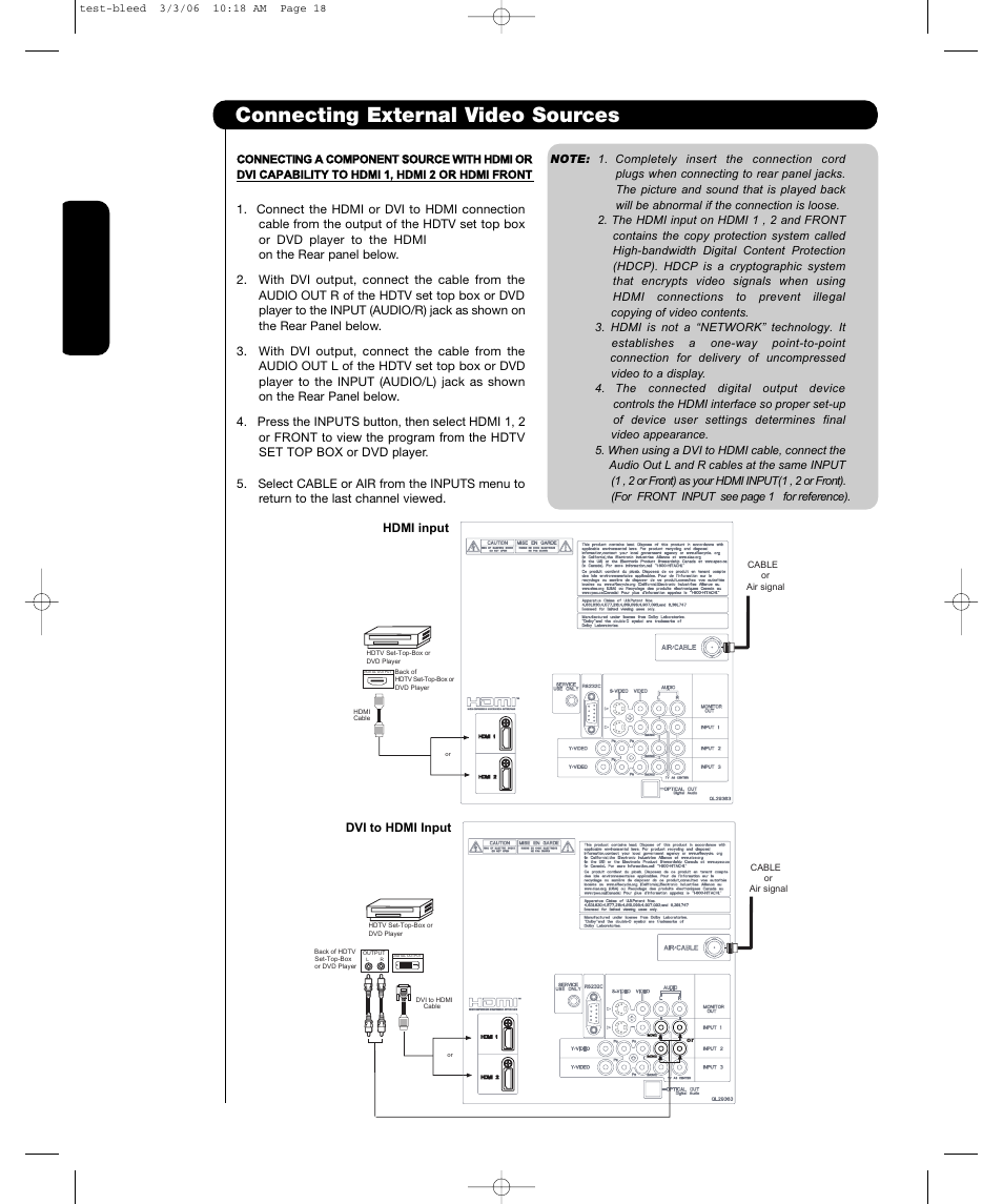 Connecting external video sources, First time use | Hitachi P55T501 User Manual | Page 20 / 72