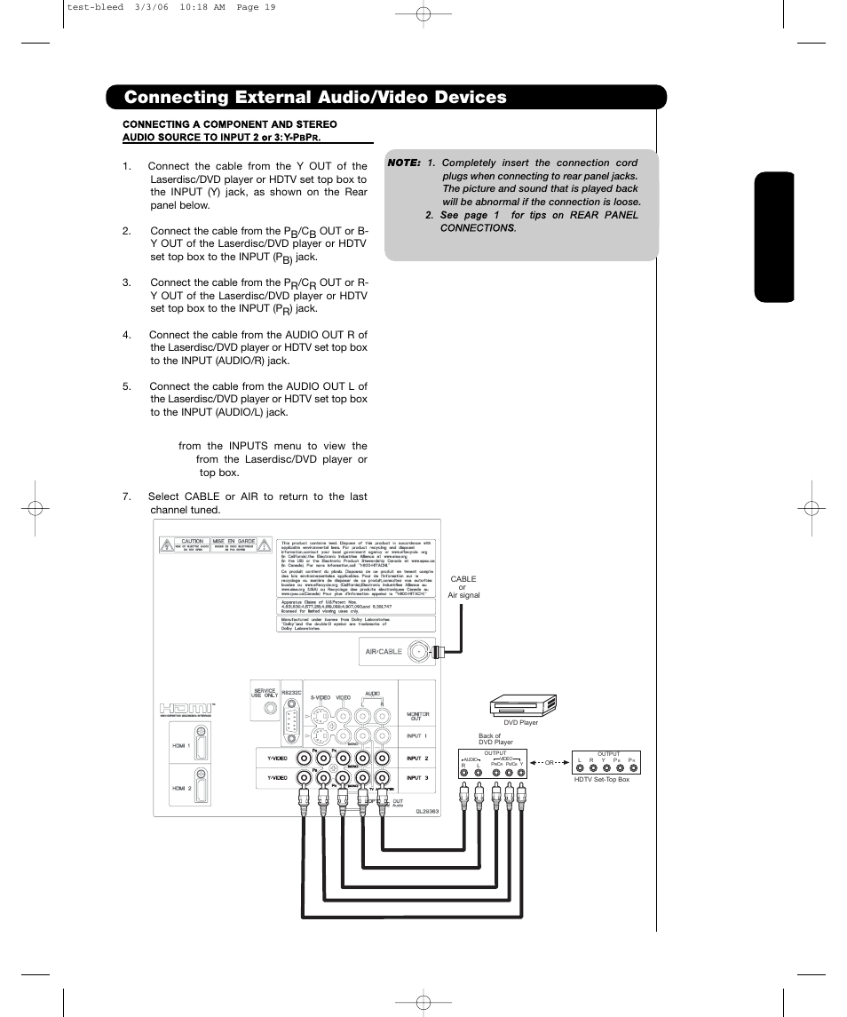 Connecting external audio/video devices, First time use | Hitachi P55T501 User Manual | Page 21 / 72