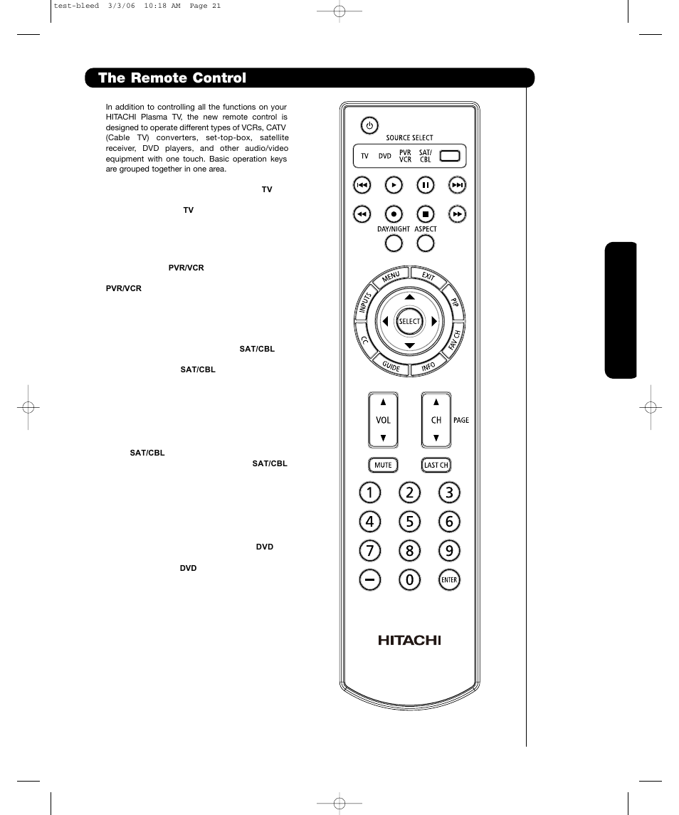 The remote control, The remote c ontrol | Hitachi P55T501 User Manual | Page 23 / 72