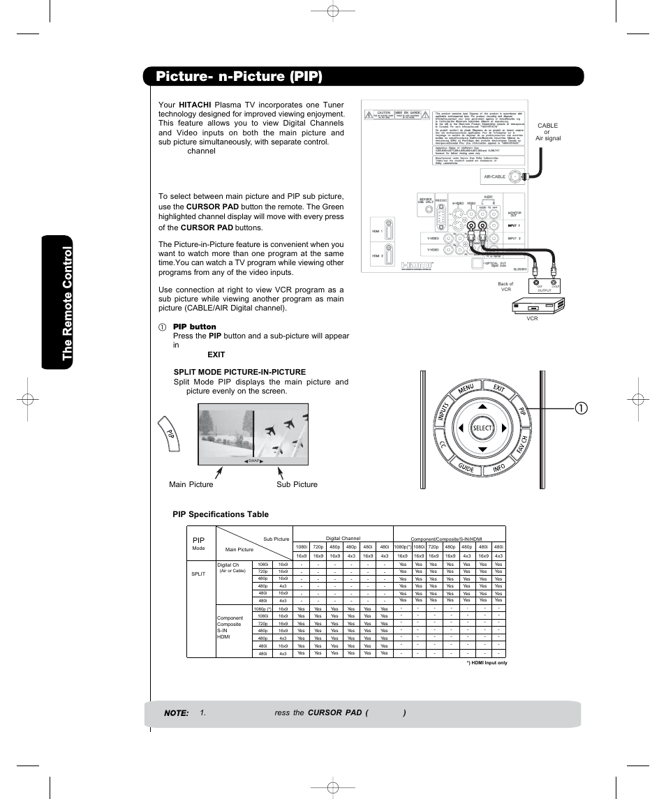 Picture- i n-picture (pip), Main picture sub picture, Pip specifications table | Hitachi P55T501 User Manual | Page 30 / 72