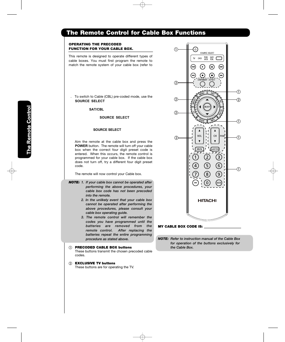The remote control for cable box functions | Hitachi P55T501 User Manual | Page 32 / 72