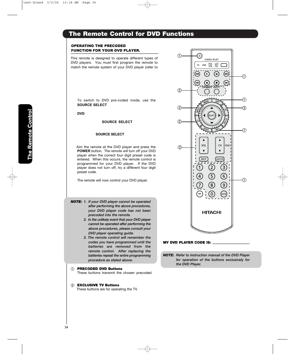 The remote control for dvd functions | Hitachi P55T501 User Manual | Page 34 / 72