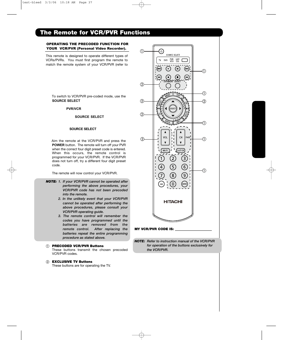 The remote for vcr/pvr functions, The remote c ontrol | Hitachi P55T501 User Manual | Page 35 / 72
