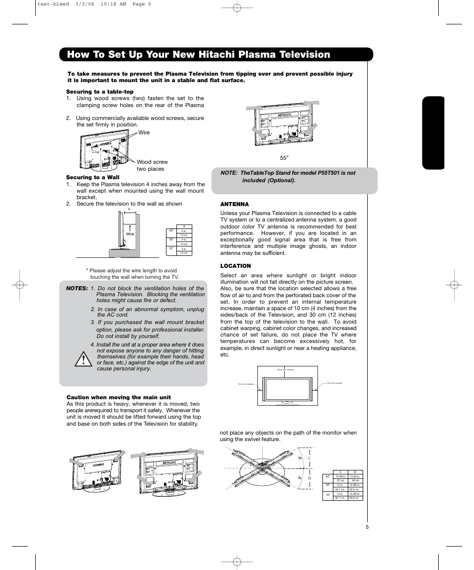 How to set up your new hitachi plasma television, First time use | Hitachi P55T501 User Manual | Page 5 / 72
