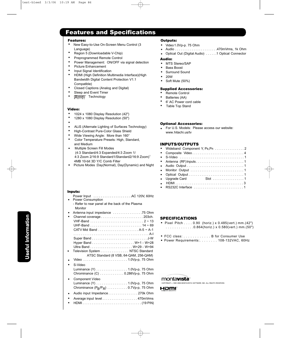 Features and specifications, Us e fu l in fo rm a ti o n | Hitachi P55T501 User Manual | Page 66 / 72