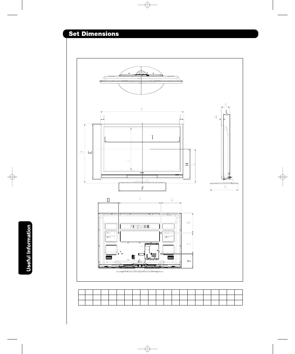Set dimensions, Us e fu l in fo rm a ti o n | Hitachi P55T501 User Manual | Page 68 / 72