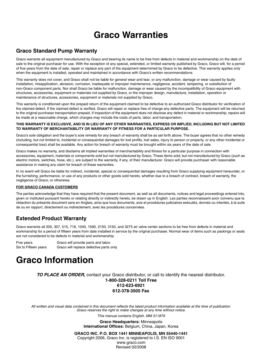 Graco warranties, Graco information, Graco standard pump warranty | Extended product warranty | Hitachi FD2 1590 User Manual | Page 50 / 50