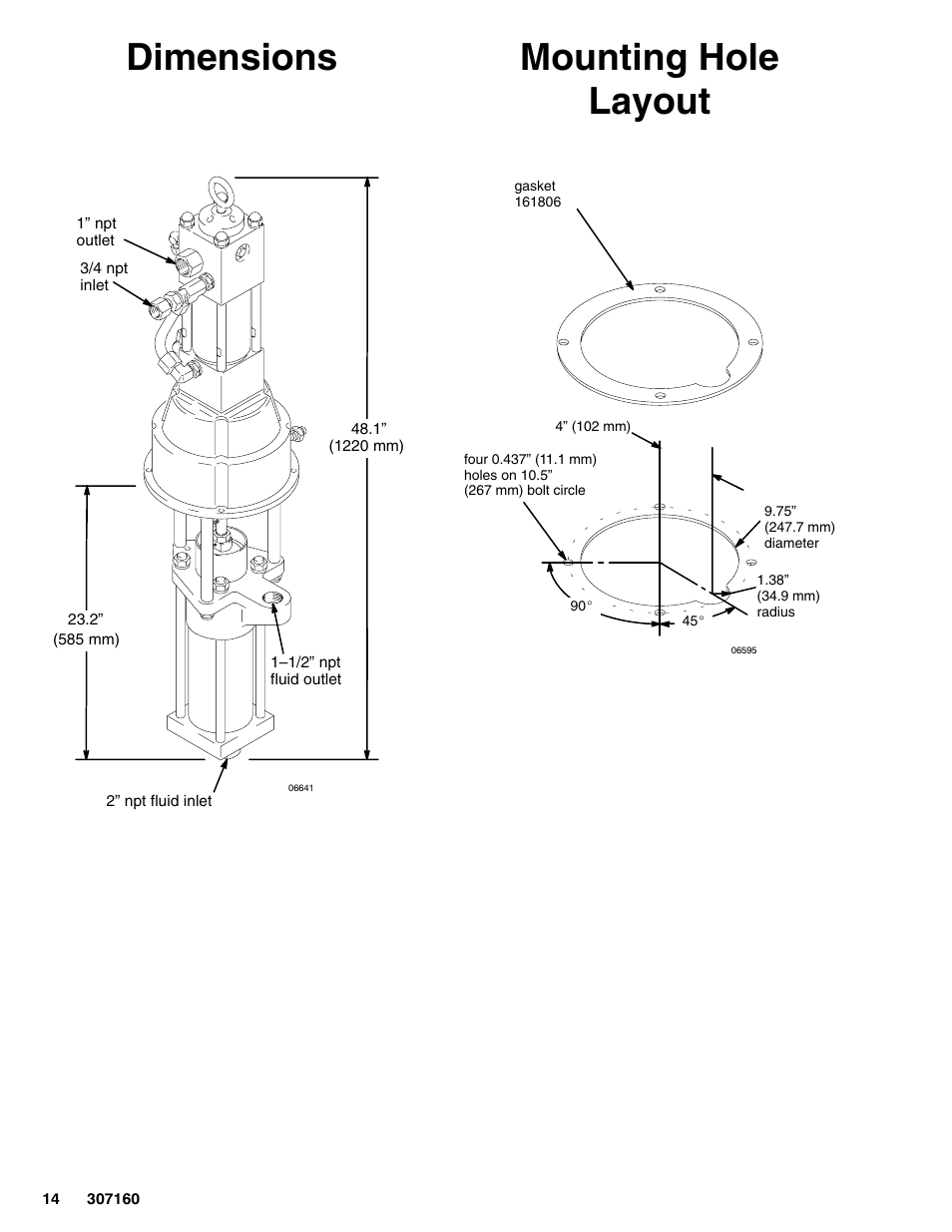 Dimensions, Mounting hole layout | Hitachi 210313 User Manual | Page 14 / 16