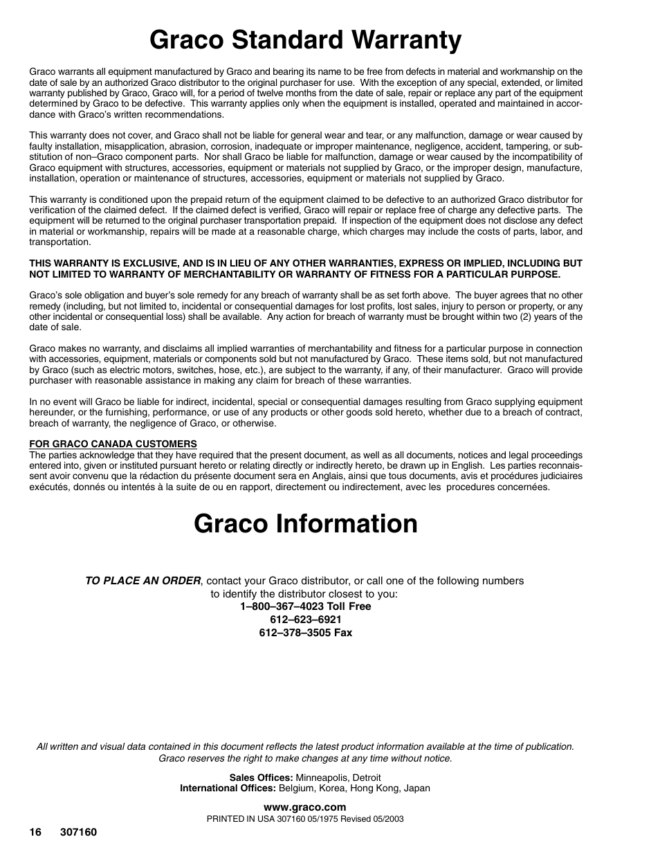 Graco standard warranty, Graco information | Hitachi 210313 User Manual | Page 16 / 16