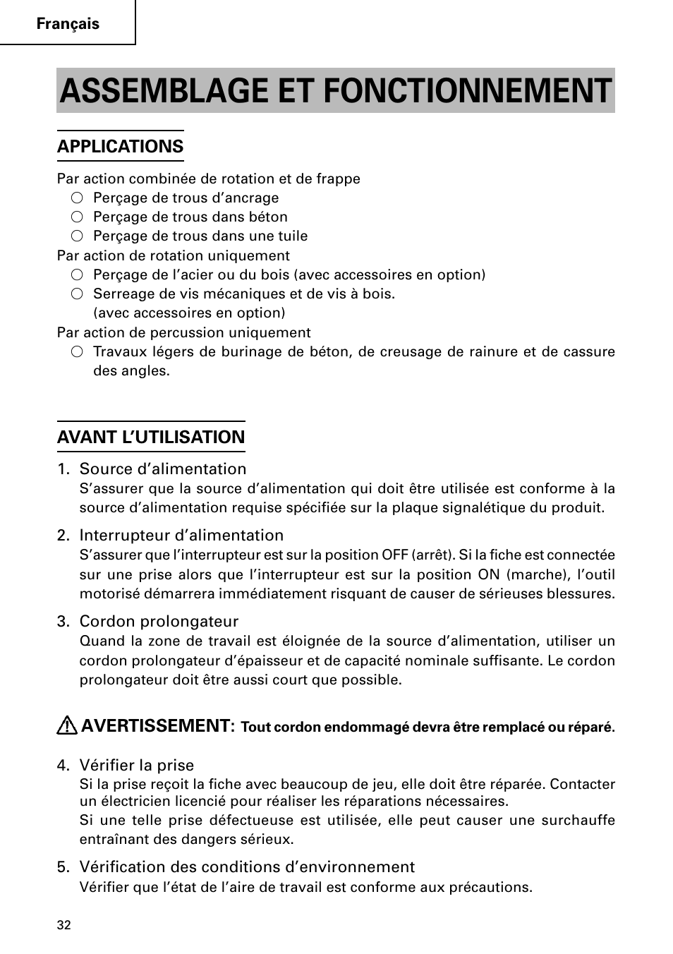 Assemblage et fonctionnement | Hitachi DH 24PC User Manual | Page 32 / 72