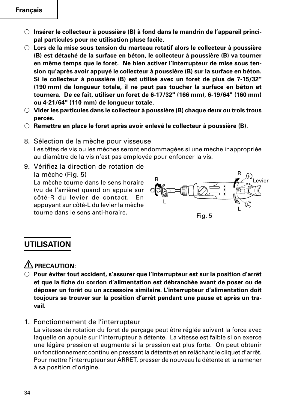 Utilisation | Hitachi DH 24PC User Manual | Page 34 / 72