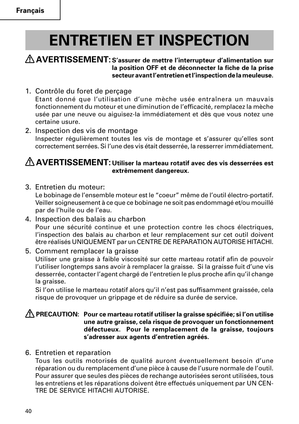 Entretien et inspection, Avertissement | Hitachi DH 24PC User Manual | Page 40 / 72