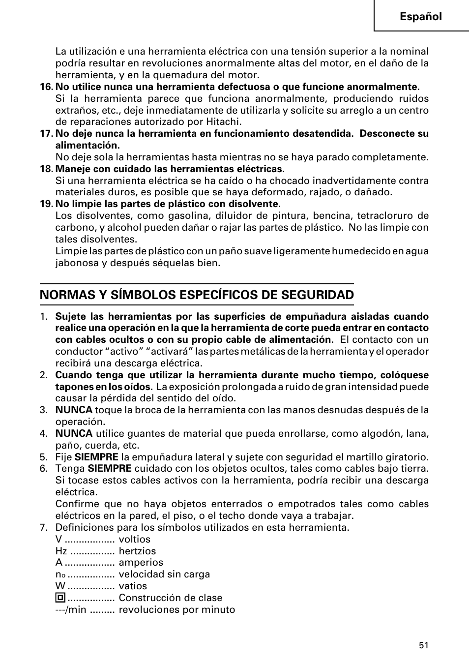 Normas y símbolos específicos de seguridad | Hitachi DH 24PC User Manual | Page 51 / 72