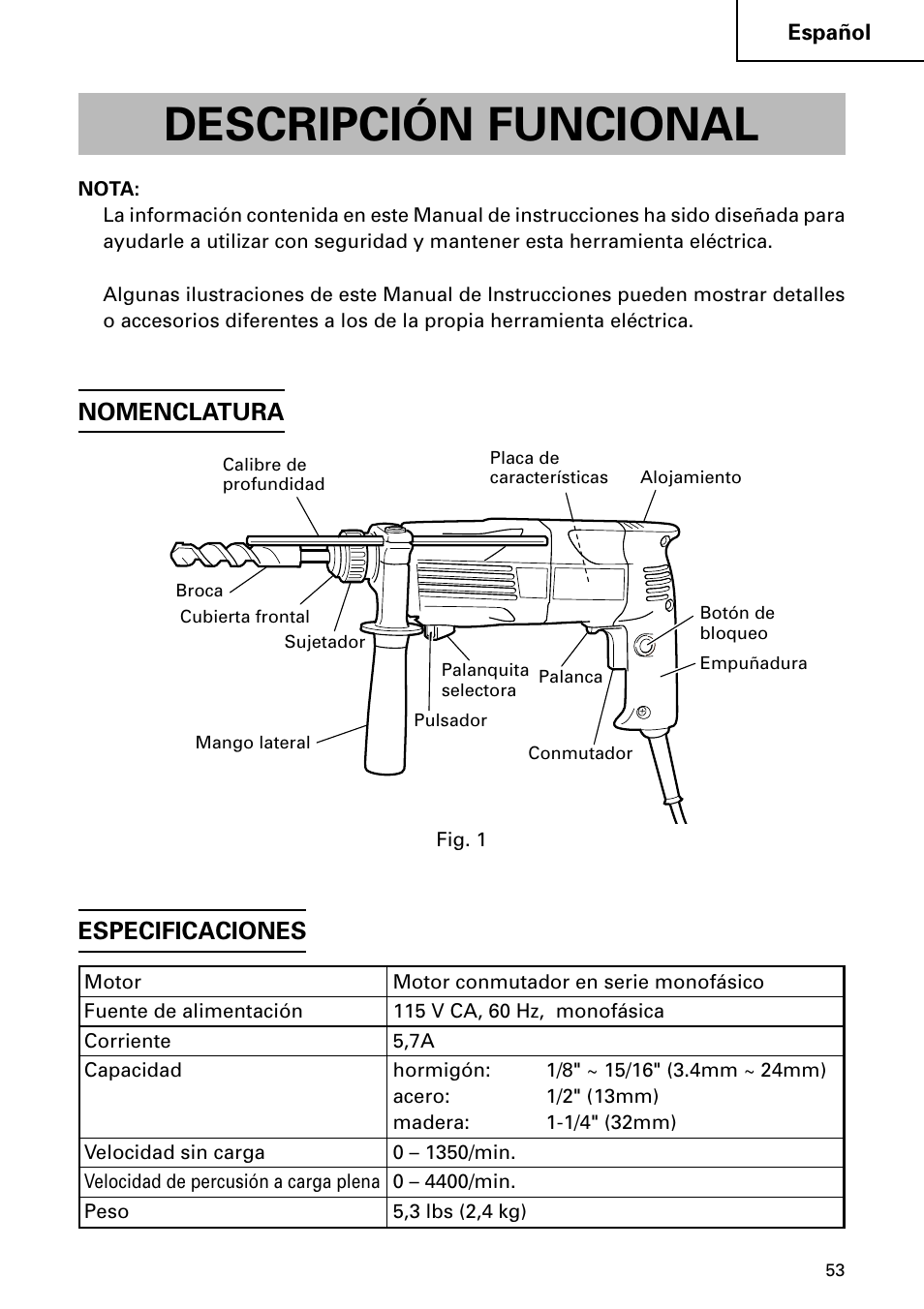 Descripción funcional, Nomenclatura especificaciones | Hitachi DH 24PC User Manual | Page 53 / 72