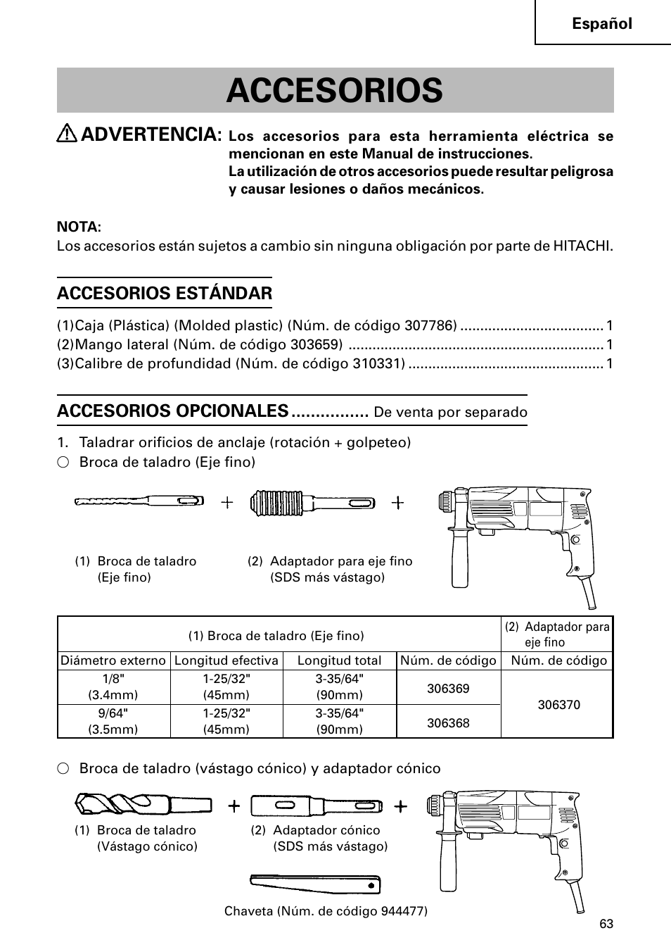 Accesorios, Advertencia, Accesorios estándar | Accesorios opcionales | Hitachi DH 24PC User Manual | Page 63 / 72