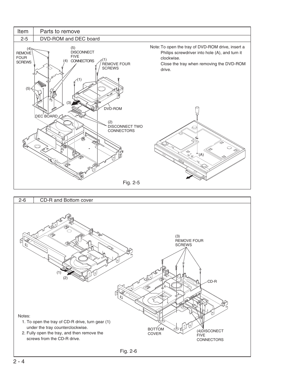 5. dvd-rom and dec board, 6. cd-r and bottom cover, 2 - 4 item parts to remove | Hitachi DV-W1U User Manual | Page 16 / 35