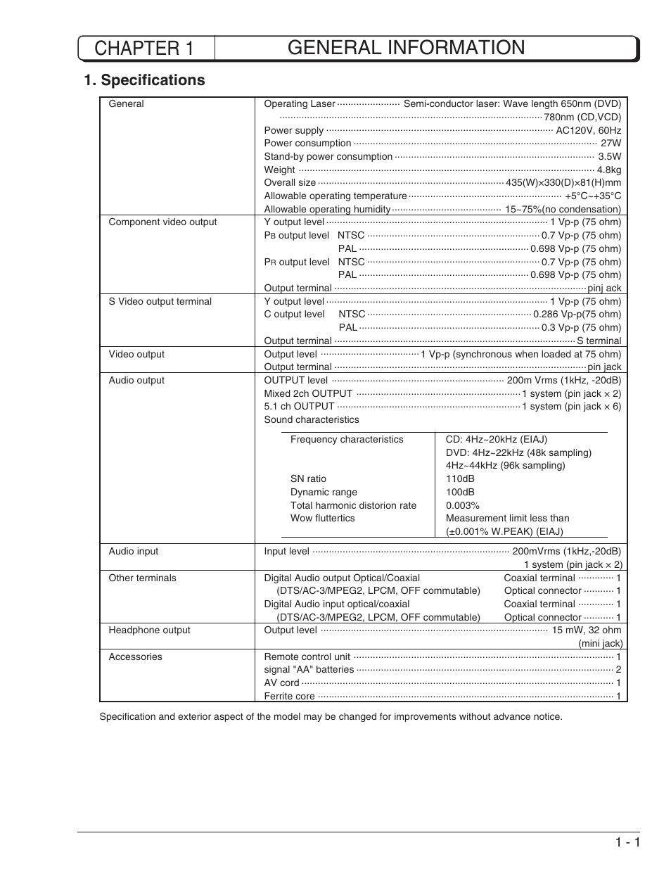 Chapter 1 general information, Specifications | Hitachi DV-W1U User Manual | Page 5 / 35