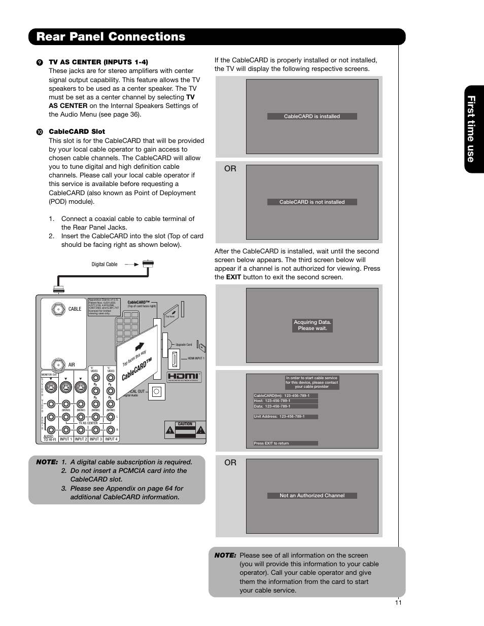 Rear panel connections, First time use, Cablecard | Hitachi 51F710G User Manual | Page 11 / 72