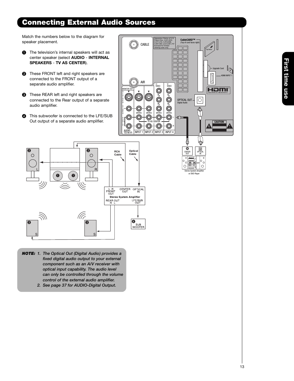 Connecting external audio sources, First time use | Hitachi 51F710G User Manual | Page 13 / 72