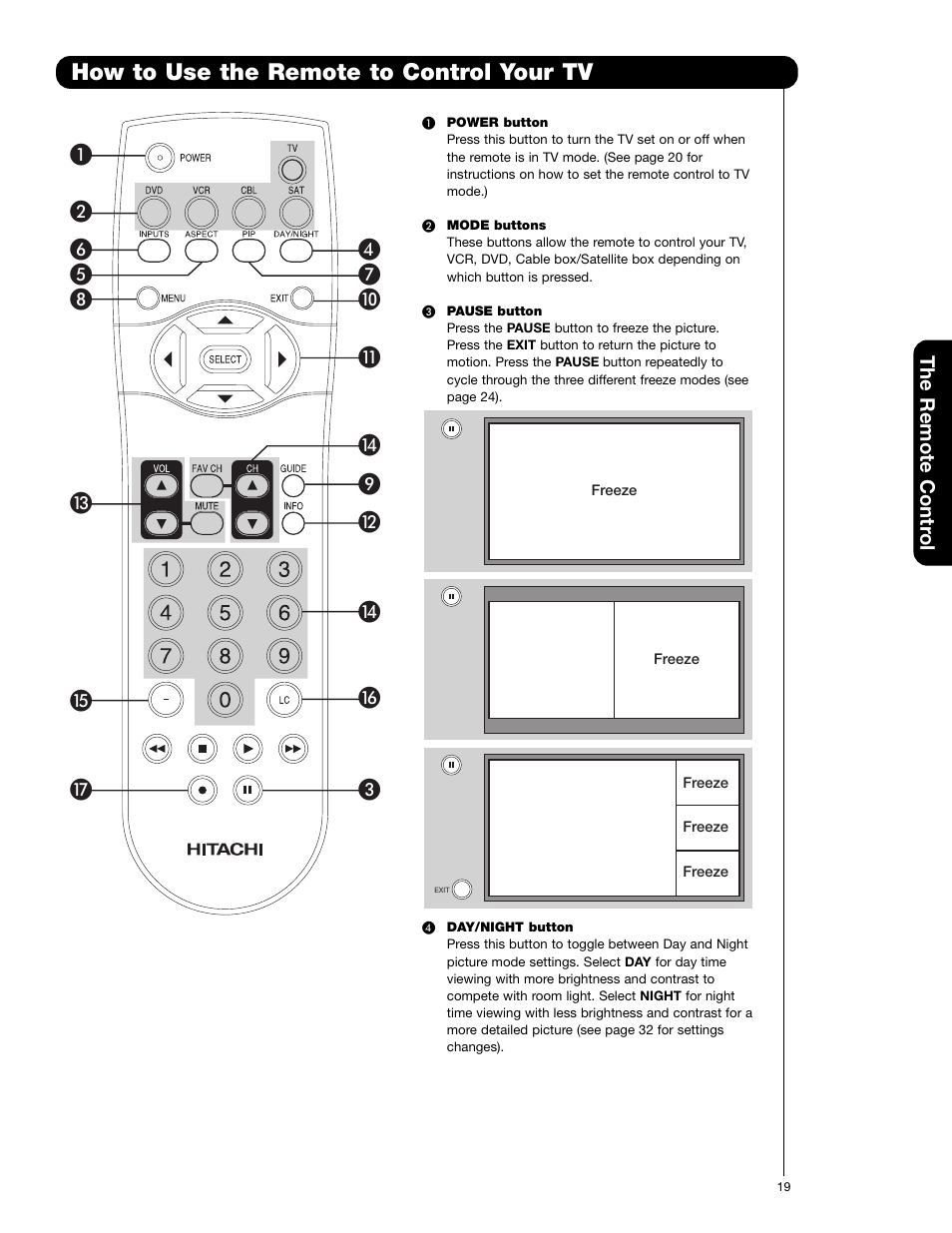 How to use the remote to control your tv | Hitachi 51F710G User Manual | Page 19 / 72