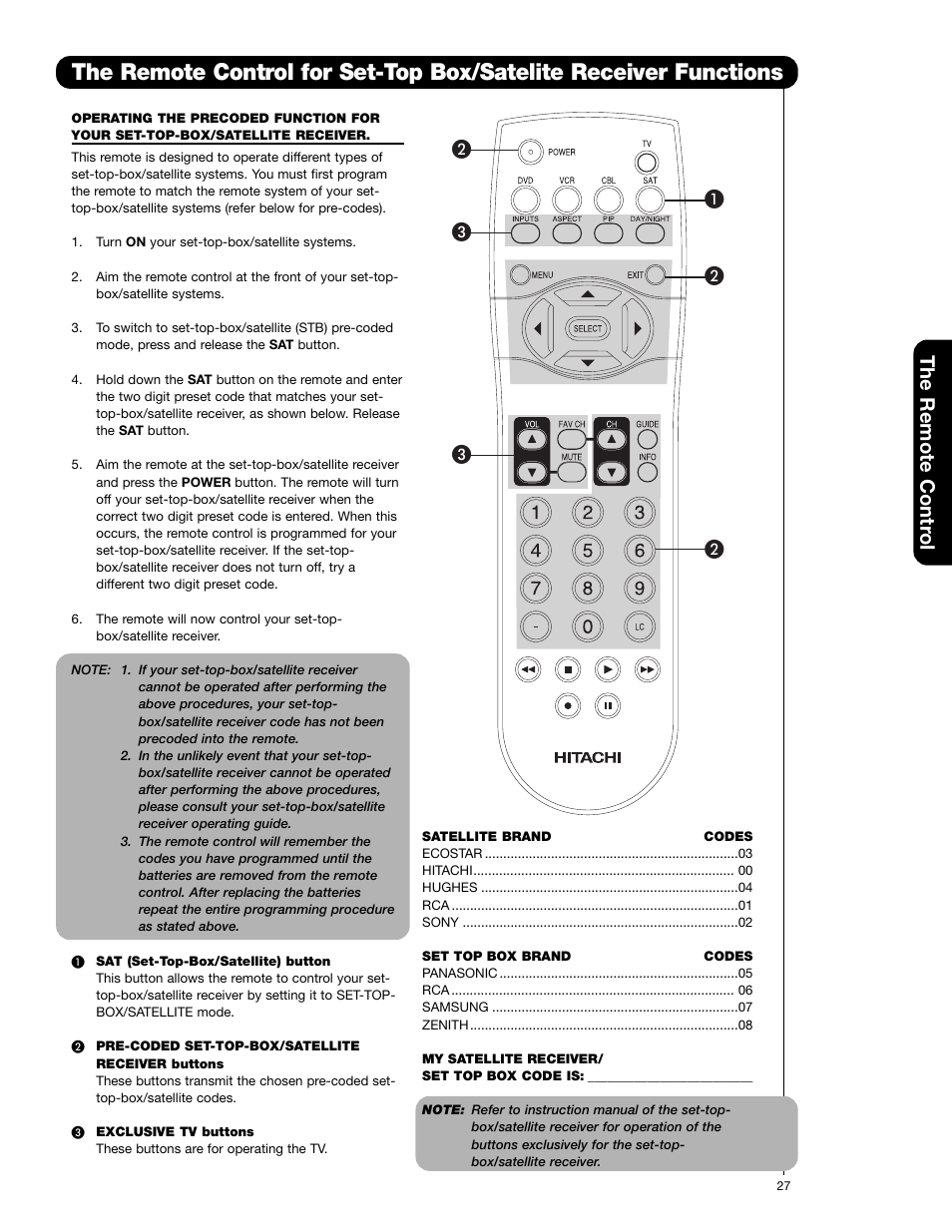 The remote contr o l | Hitachi 51F710G User Manual | Page 27 / 72