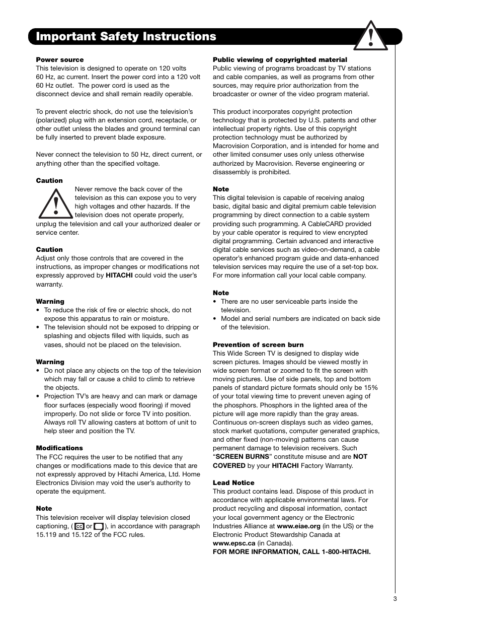Important safety instructions | Hitachi 51F710G User Manual | Page 3 / 72