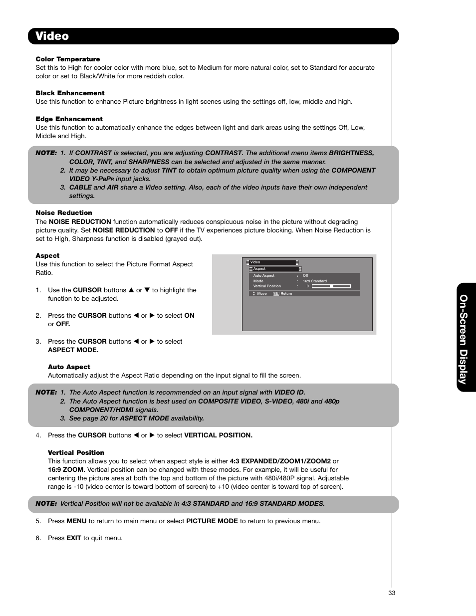 Video, On-scr een display | Hitachi 51F710G User Manual | Page 33 / 72