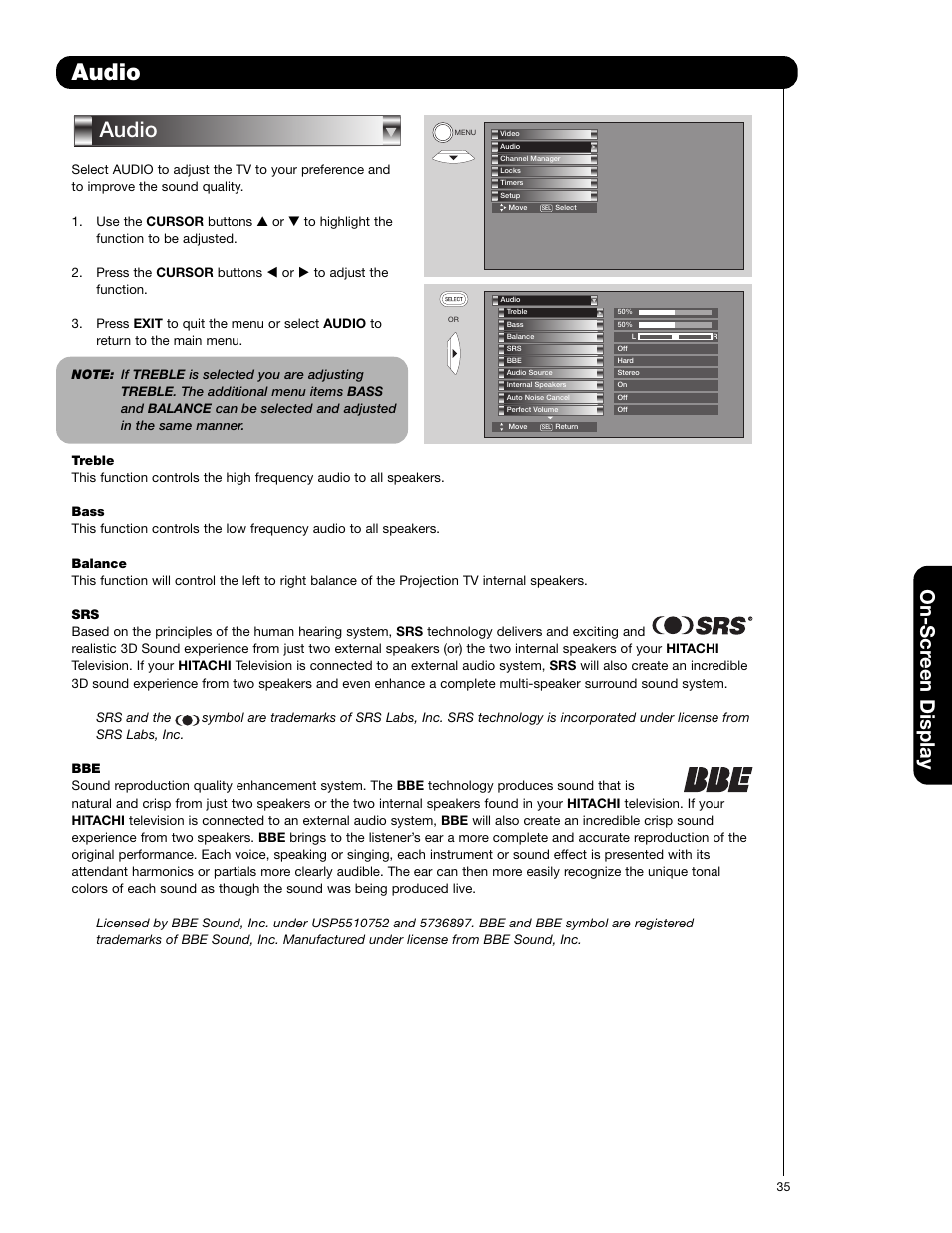 Audio, On-scr een display | Hitachi 51F710G User Manual | Page 35 / 72