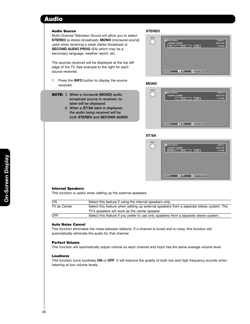 Audio, On-scr een display, Stereo | Mono | Hitachi 51F710G User Manual | Page 36 / 72