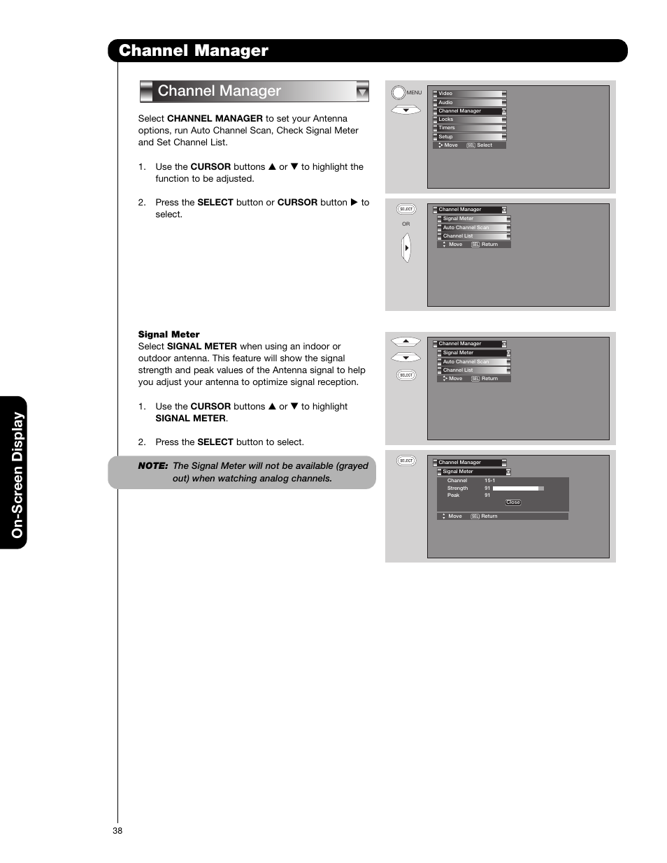 Channel manager, On-scr een display | Hitachi 51F710G User Manual | Page 38 / 72